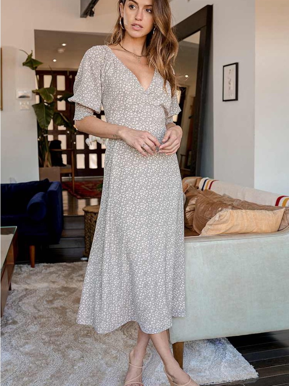 NWT Lulus x LUSH "Times With You" Sage Green Floral Print Puff Sleeve Midi Dress